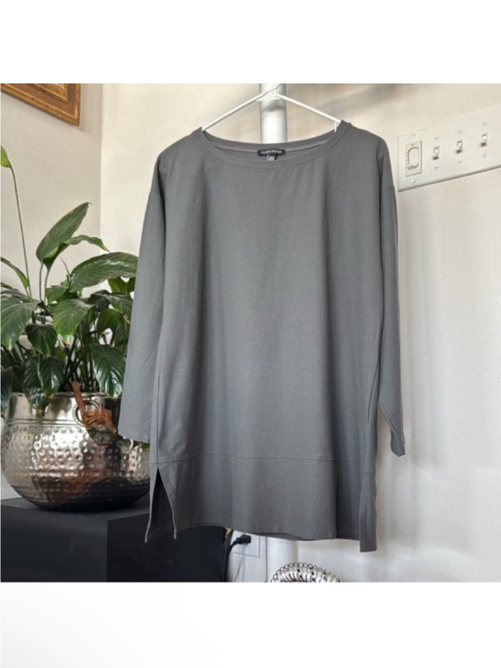 Eileen Fisher Knit Long Sleeve Tunic Top/Blouse/Shirt Sz XS Gray Boatneck